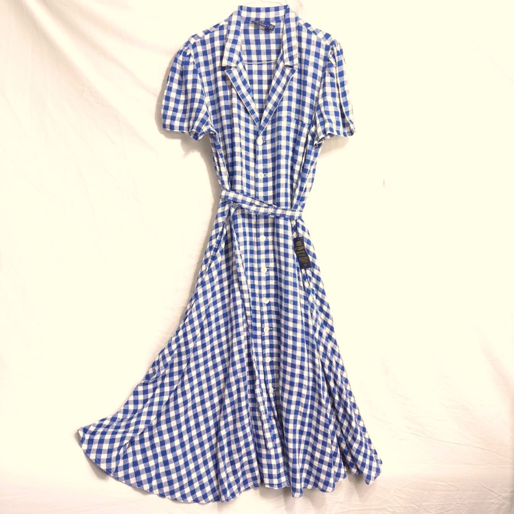 Polo by Ralph Lauren Blue White Gingham 100% Linen Midi Dress Old Money Sz 8